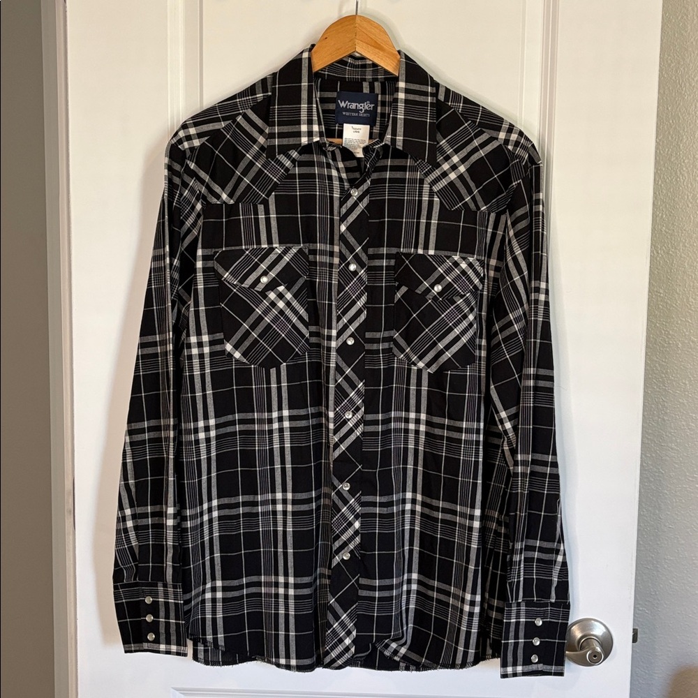 Wrangler Western Plaid Shirt Pearl Snap Long Sleeve Black White Size Large - Picture 4 of 12